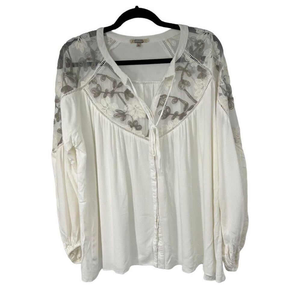 Gimmick’s‎ White Gray Floral Embroidered Peasant Top